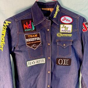 Wrangler Womens Western Shirt M Dark Denim Sponsor Patches Resistol Pearl Snap